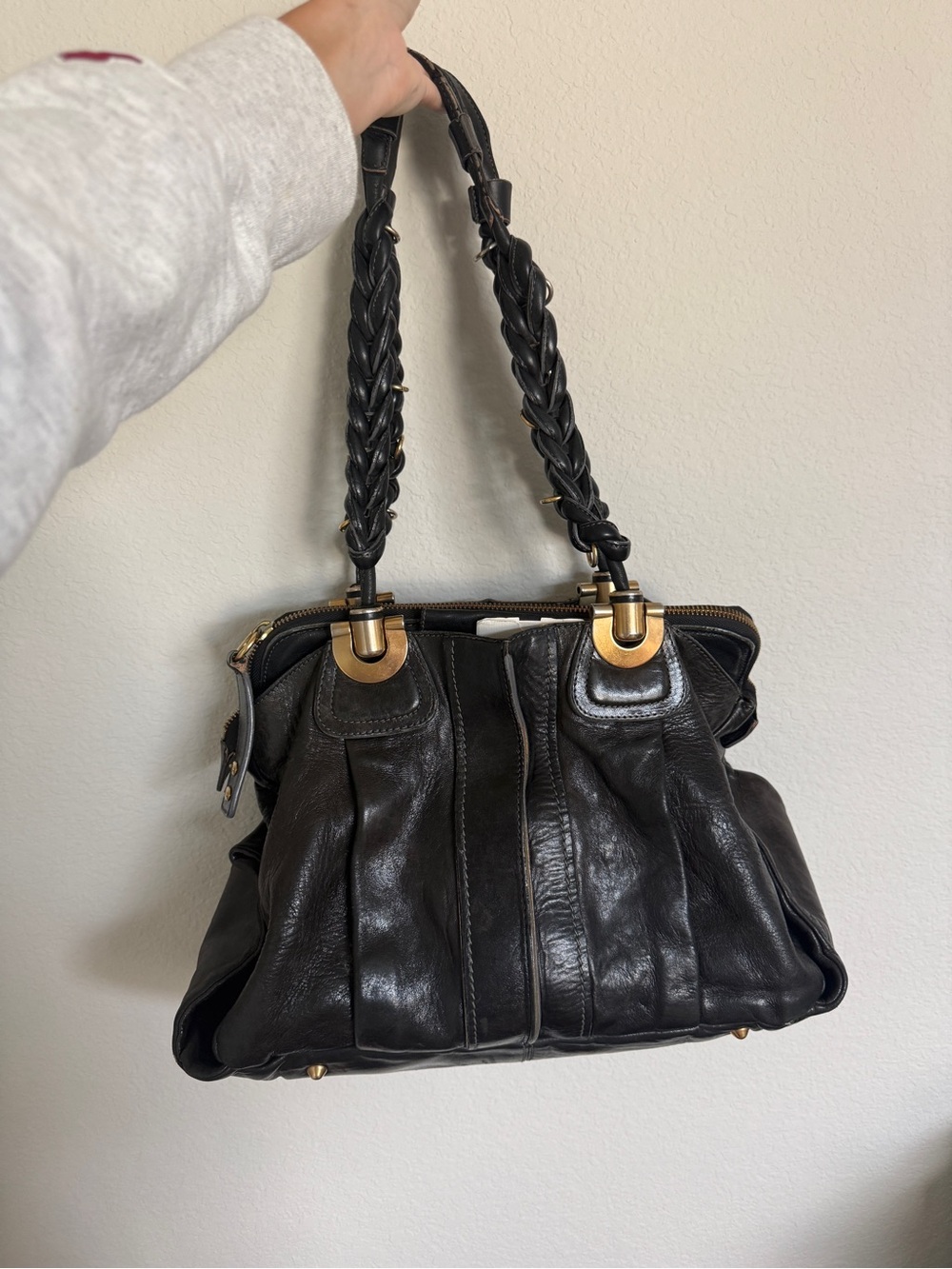 Authentic Vintage Chloe Black Leather Shoulder Hobo Bag with Braided Handles - Picture 2 of 8